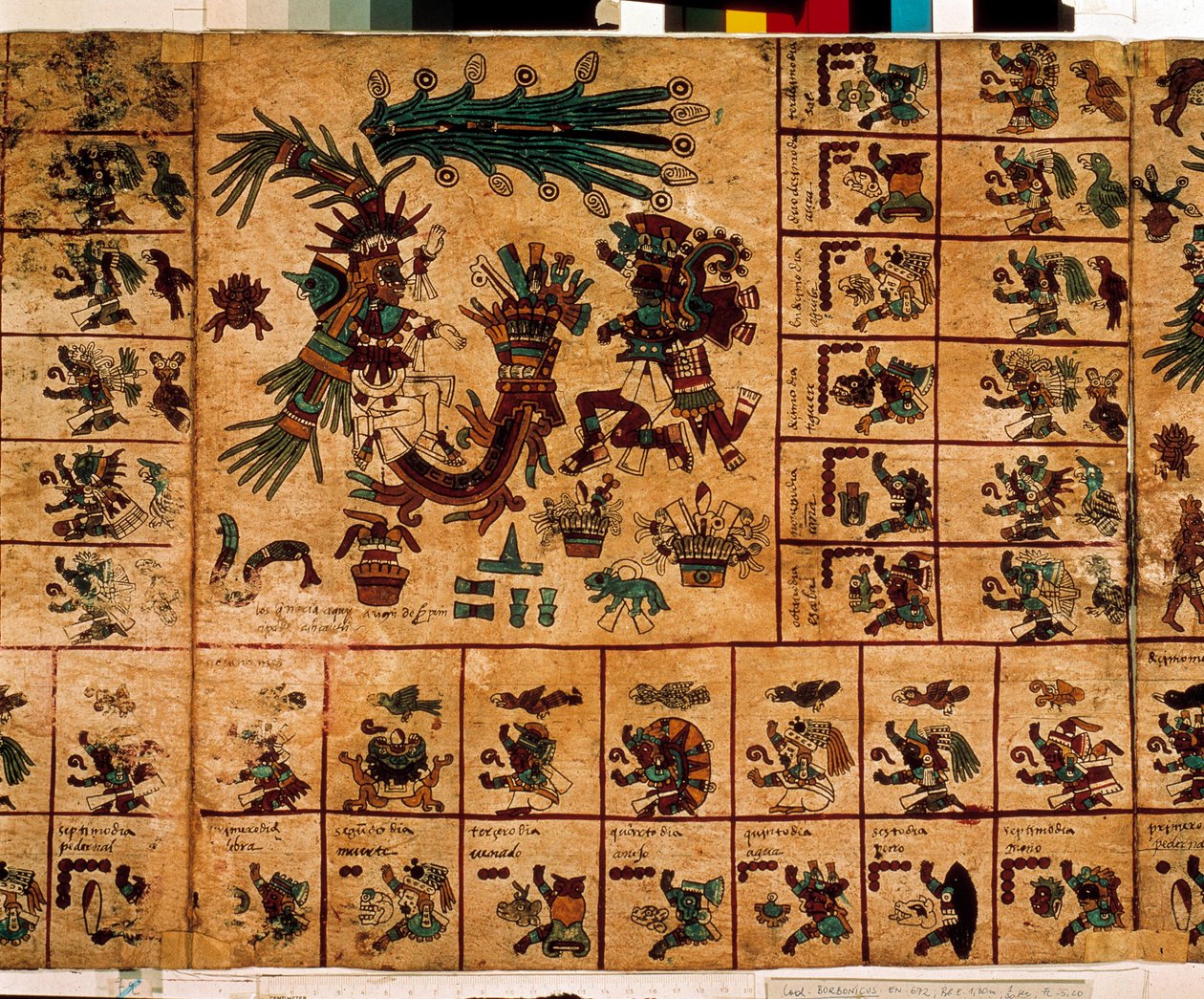 Representatie van Azteekse goden en vakjes die overeenkomen met de kalender. Pagina van het Azteekse manuscript op schors 