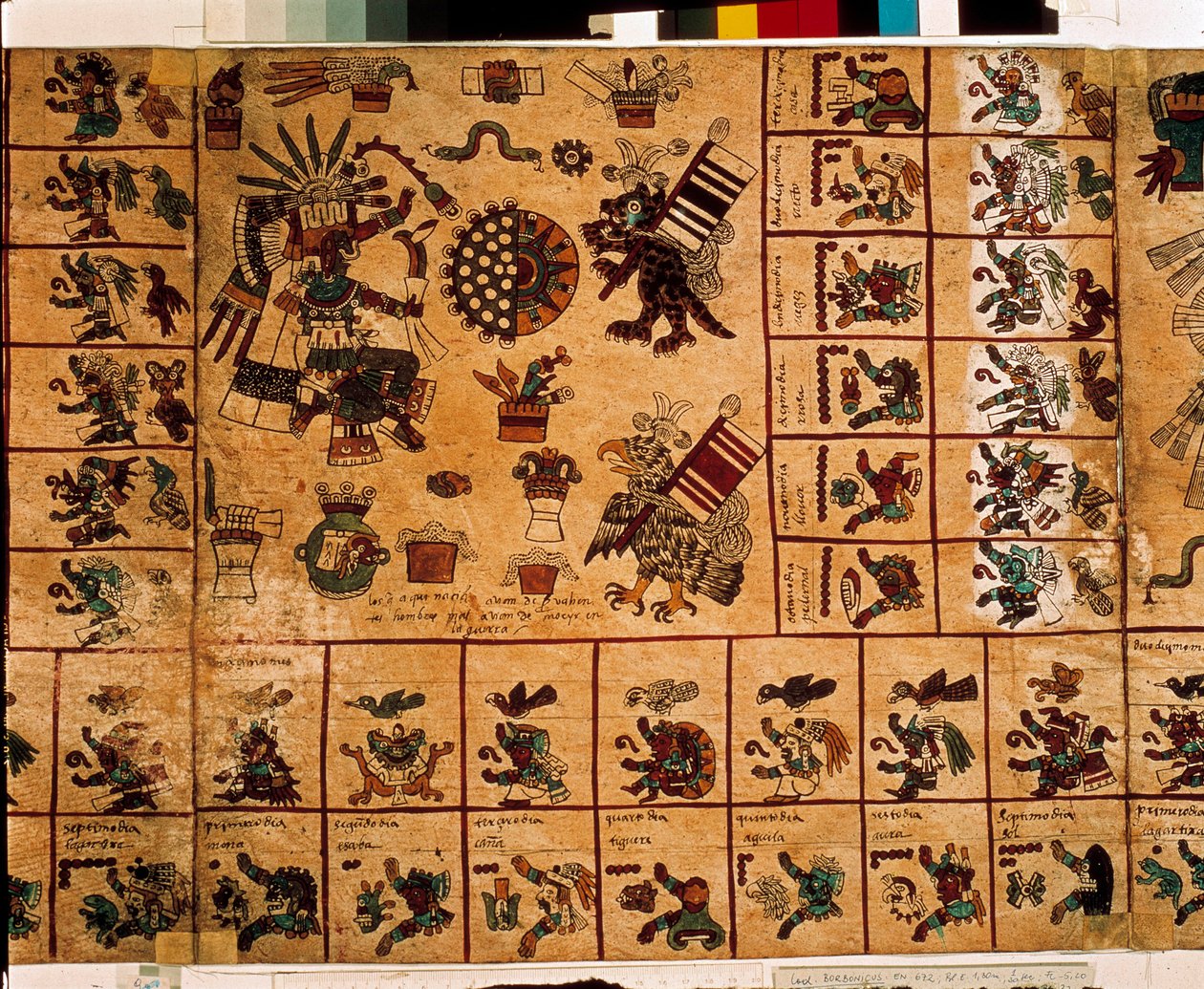 Representatie van Azteekse goden en vakjes die overeenkomen met de kalender. Pagina van het Azteekse manuscript op schors 