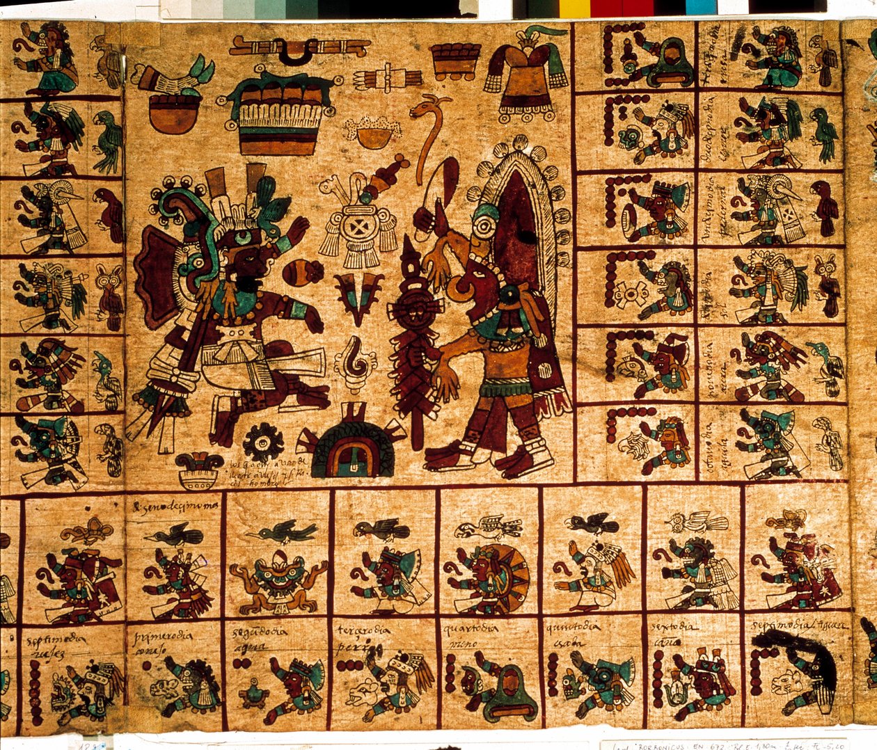 Voorstelling van Azteekse goden en dozen die overeenkomen met de kalender. Pagina van het Azteekse manuscript op schors 