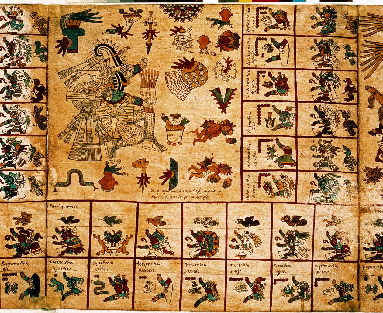 Voorstelling van Azteekse goden en kalenders. Pagina uit het Azteekse manuscript op schors 