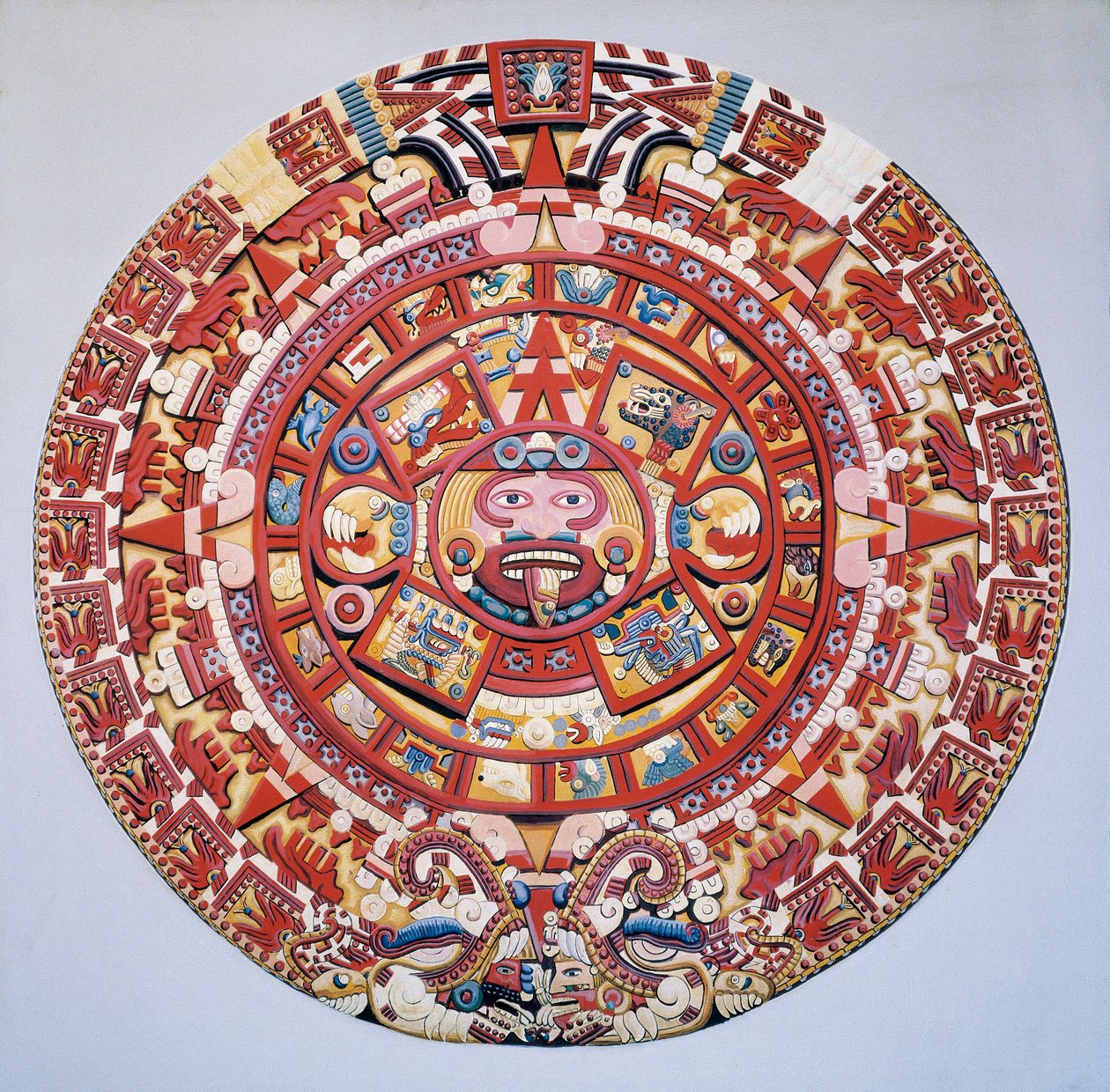 Pre-Columbiaanse beschaving: de Azteekse kalender (Steen van de Zon): schijf die de Azteekse kalender en kosmogonie voorstelt (Tonalpohualli) door Aztec Aztec