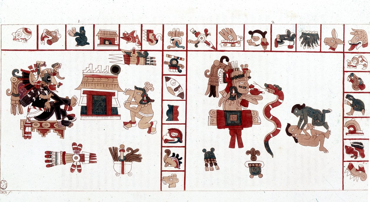 De Azteekse god Cihuacohuatl afgebeeld in een hiërogliefisch manuscript, pictogrammen door Aztec Aztec