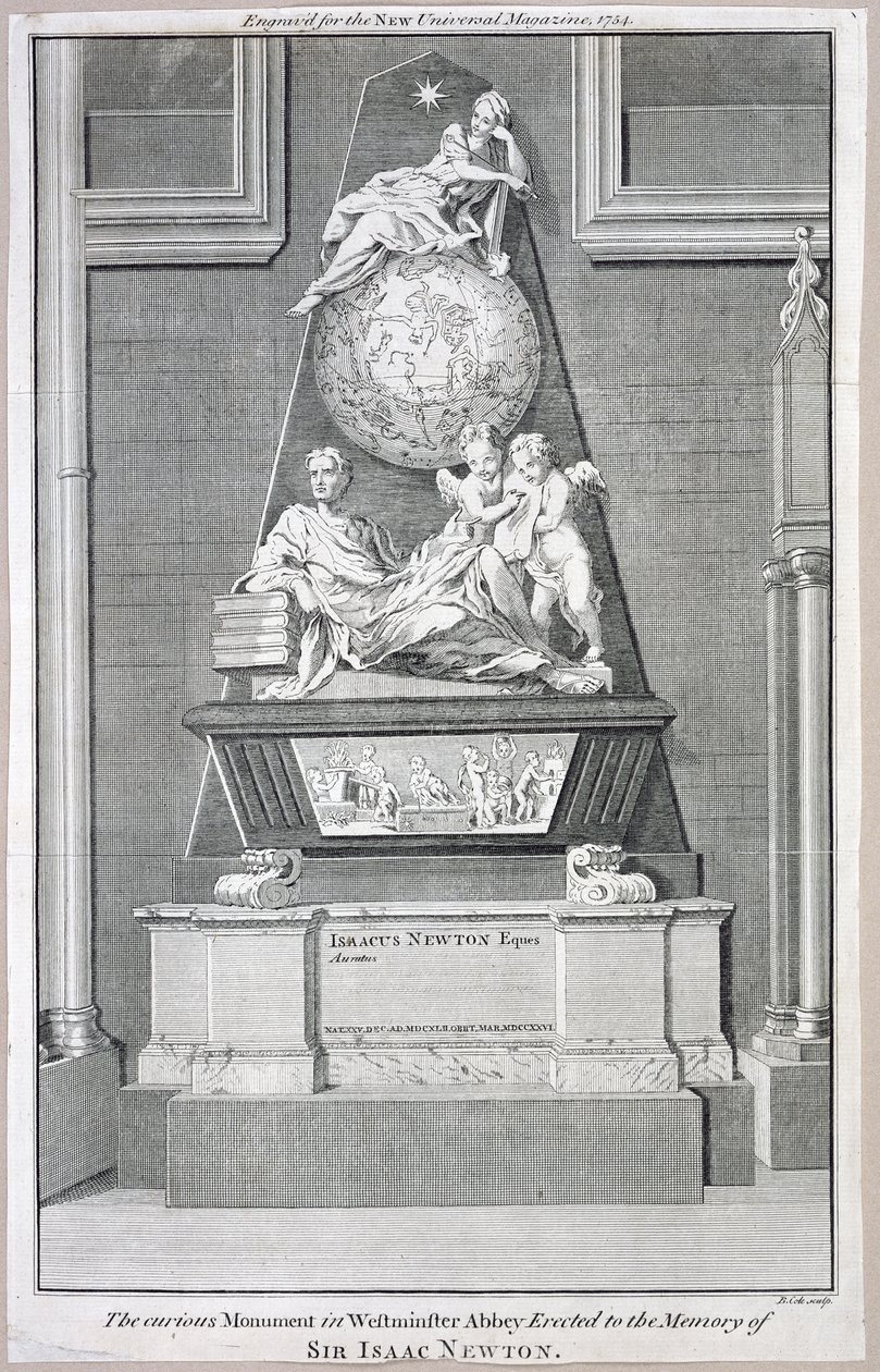 Het merkwaardige Monument in Westminster Abbey opgericht ter nagedachtenis aan Sir Isaac Newton, 1754 door B. Cole