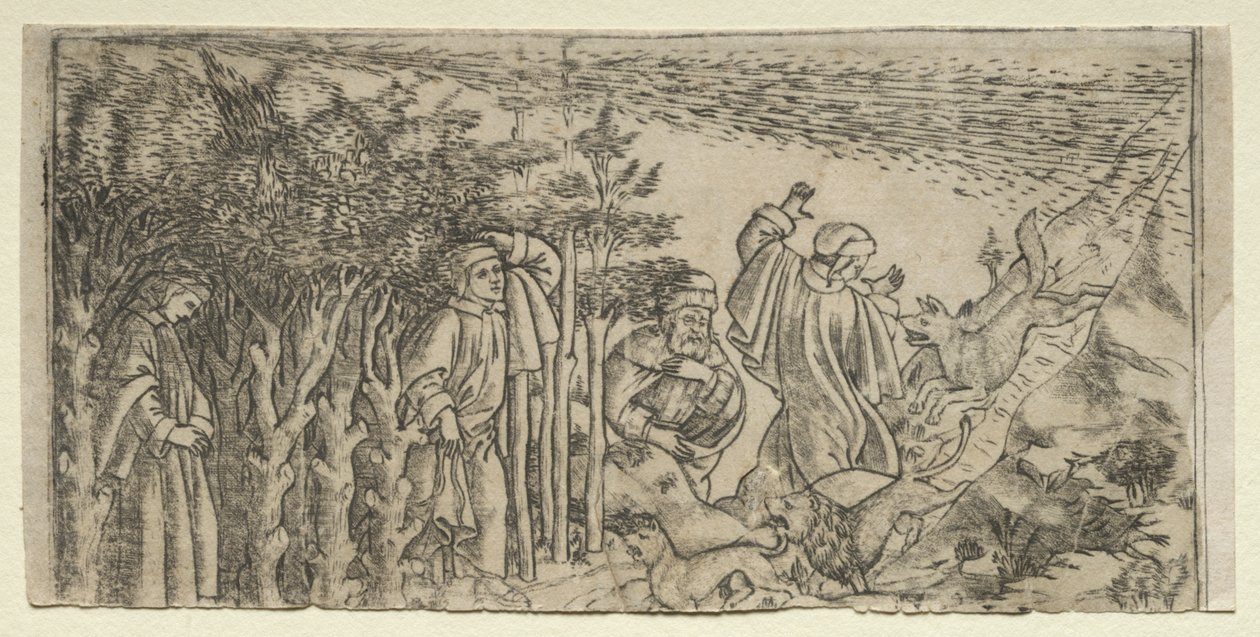 Dante verdwaald in het bos: ontsnappen en Virgil ontmoeten, Canto I door Baccio Baldini