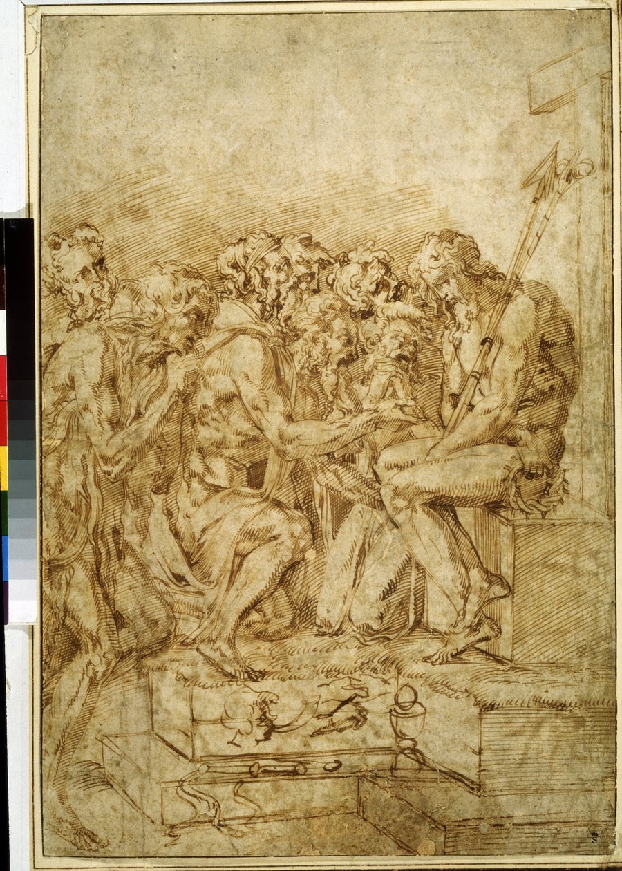 Christus met symbolen van de Passie omringd door zeven figuren, tekening met bruine inkt van Baccio Bandinelli (1493-1560) 16e eeuw, Museum Poesjkin, Moskou door Baccio Bandinelli