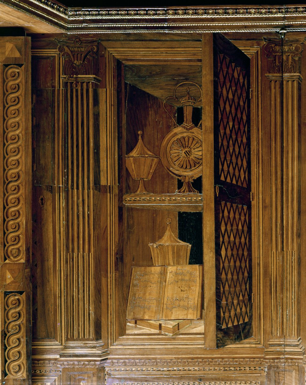 Intarsia panelen met een kast met een traliedeur, in de studeerkamer van Federigo da Montefeltro, Hertog van Urbino door Baccio Pontelli