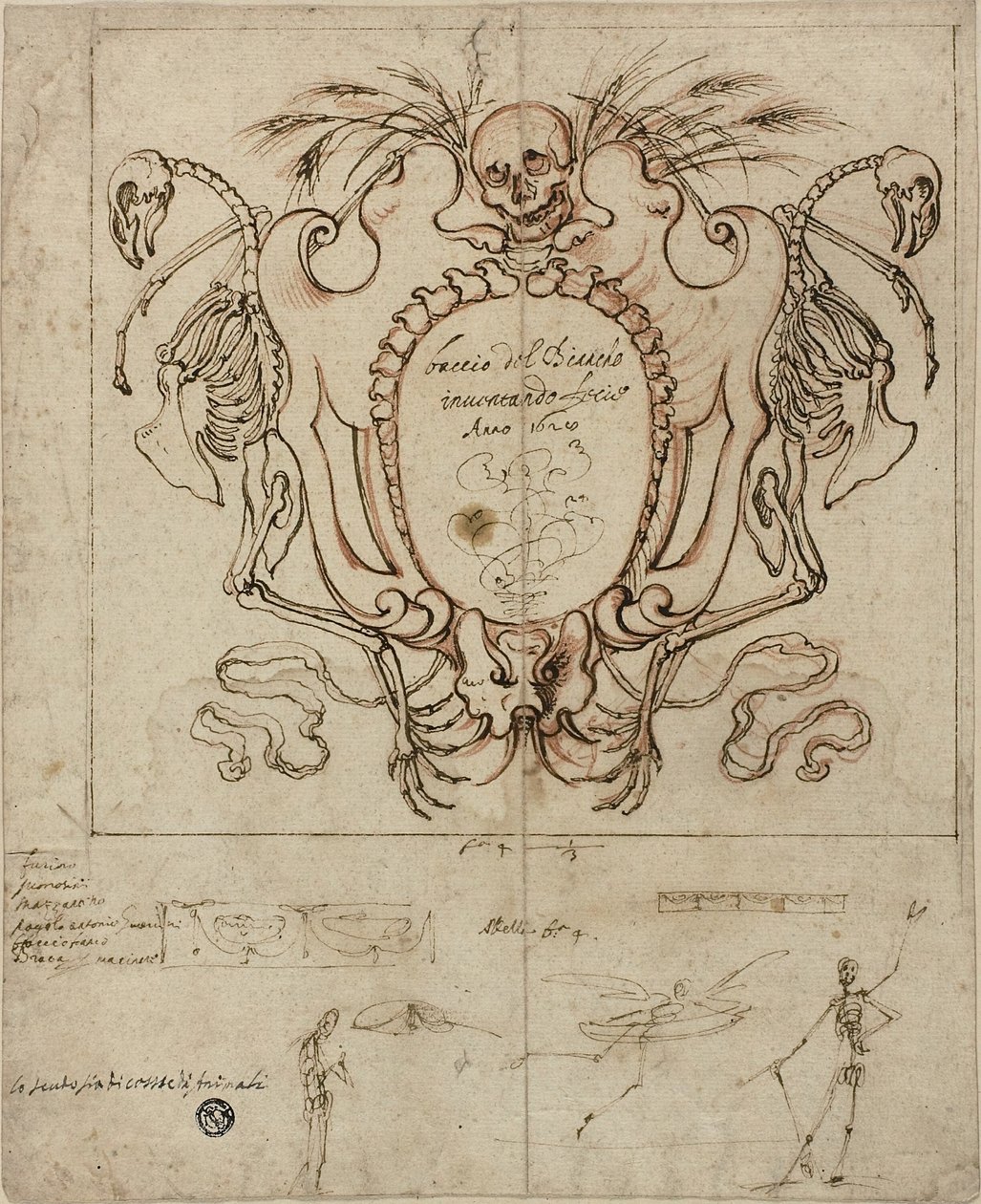 Funerair Cartouche met Inscriptie en Schetsen van Skeletten en Decoratieve Details door Baccio del Bianco