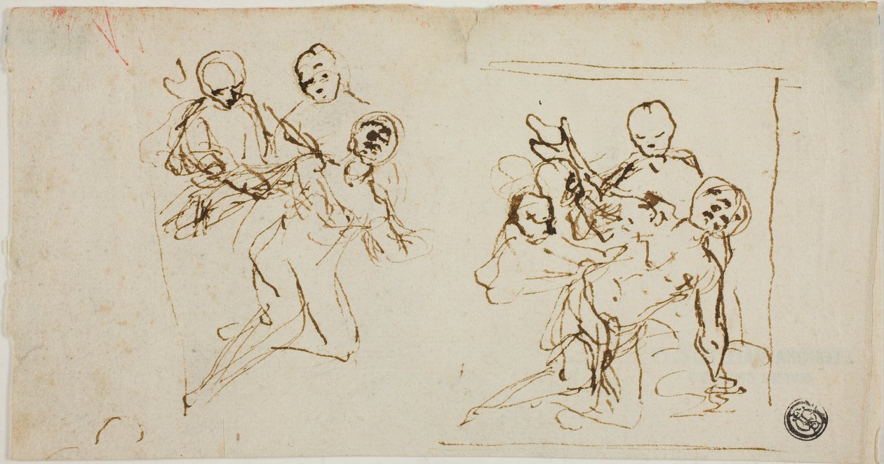 Twee compositieschetsen van in elkaar zakkende figuur ondersteund door twee andere figuren (recto); compositieschets van knielende figuur begeleid door twee andere figuren door Baldassare Franceschini