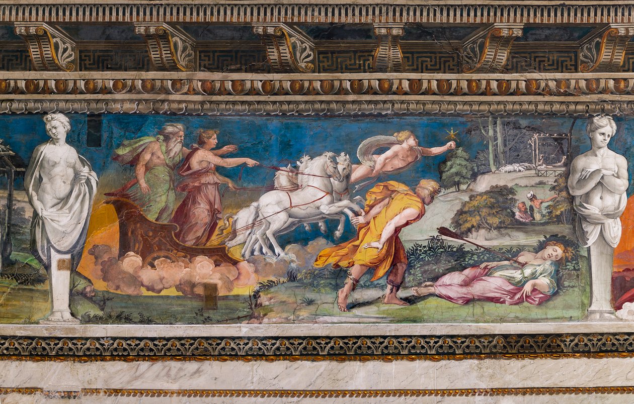 Procris doorboord door de onfeilbare speer, Cephalus rent naar haar toe en Aurora en Titone op een wagen getrokken door vier paarden door Baldassarre Peruzzi