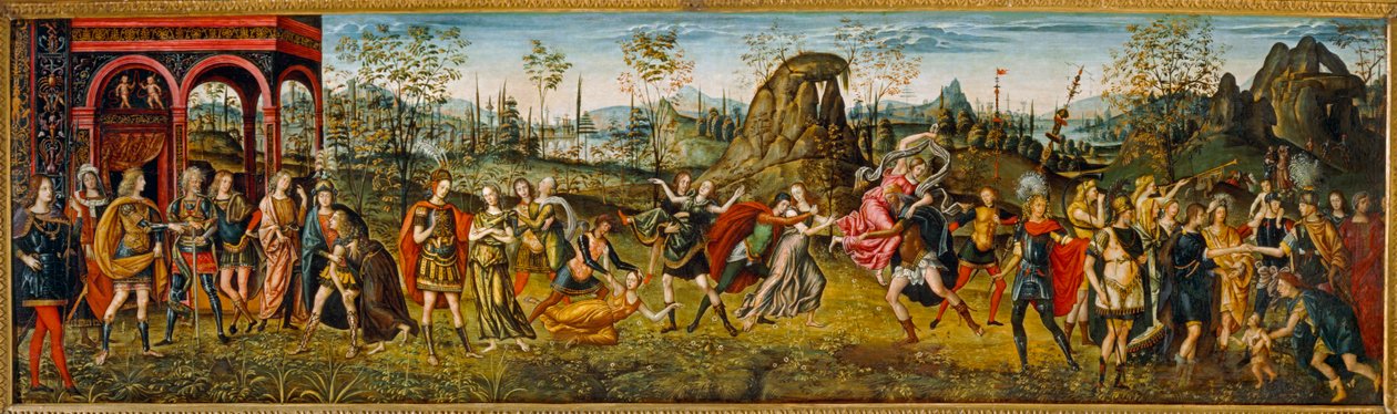 De verkrachting van de Sabijnen ... (schilderij op hout) door Baldassarre Peruzzi