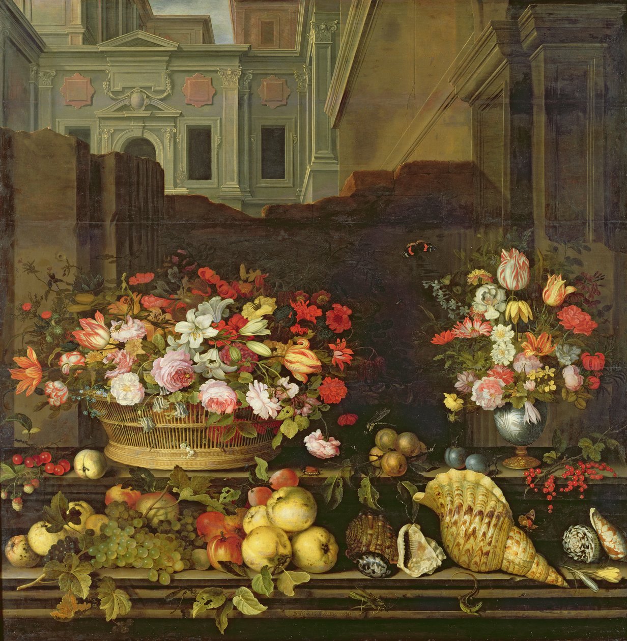 Stilleven met bloemen, fruit en schelpen door Balthasar van der Ast