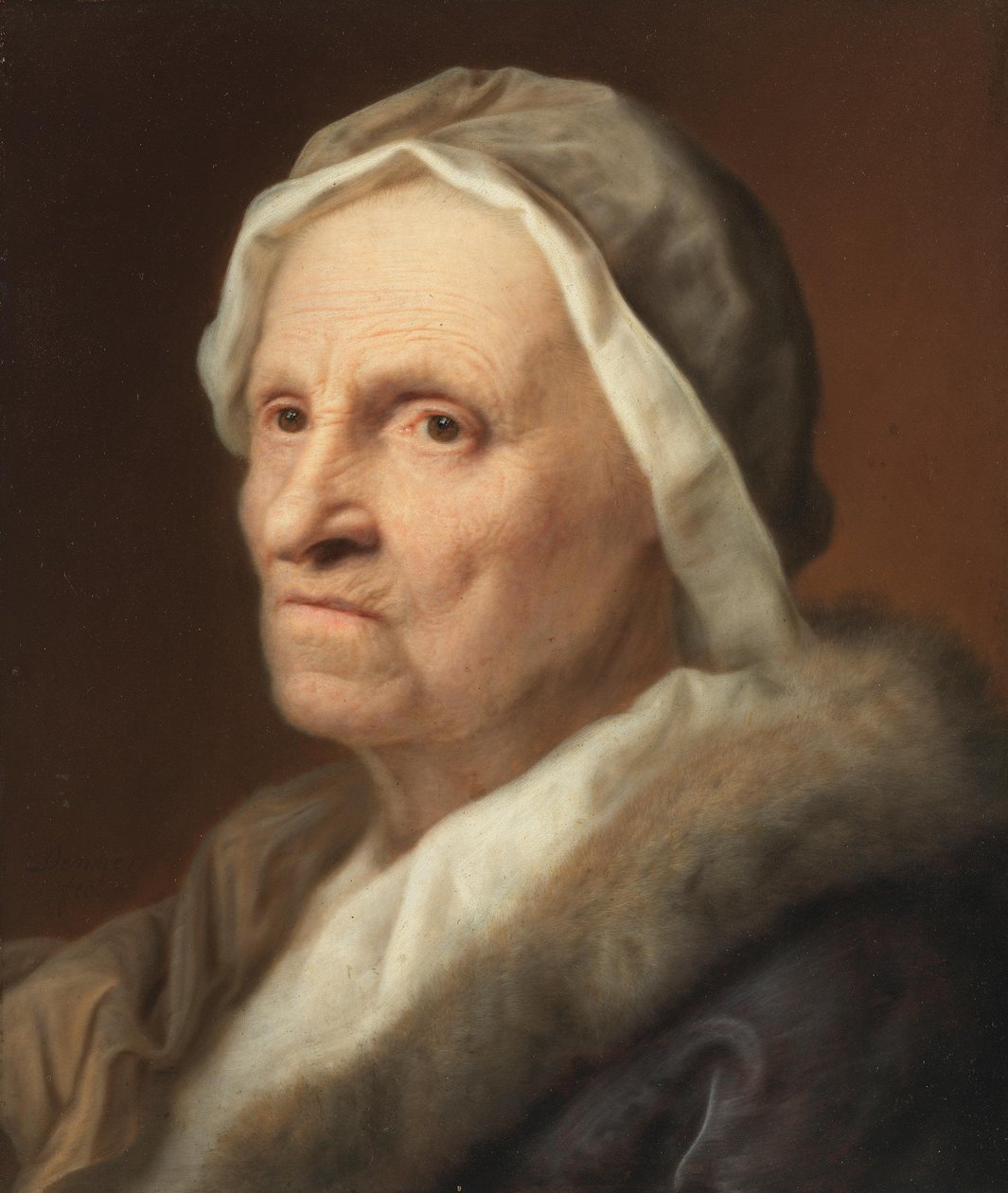 Portret van een oude vrouw in bont door Balthasar Denner