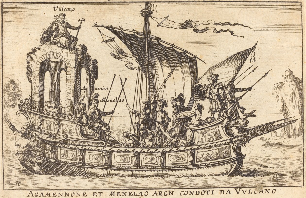 Agamemnon en Menelaos geleid door Vulcanus door Balthasar Moncornet after Remigio Cantagallina
