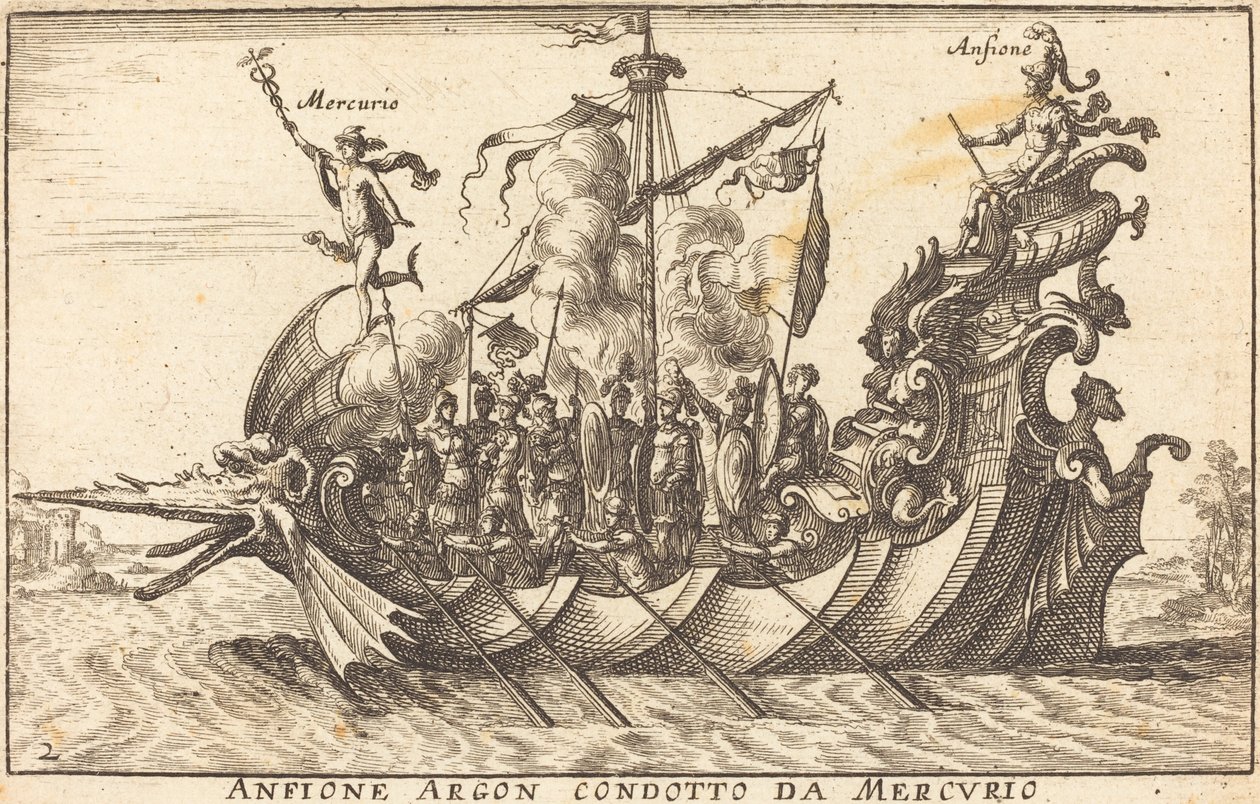 Anfione Argon geleid door Mercurius door Balthasar Moncornet after Remigio Cantagallina