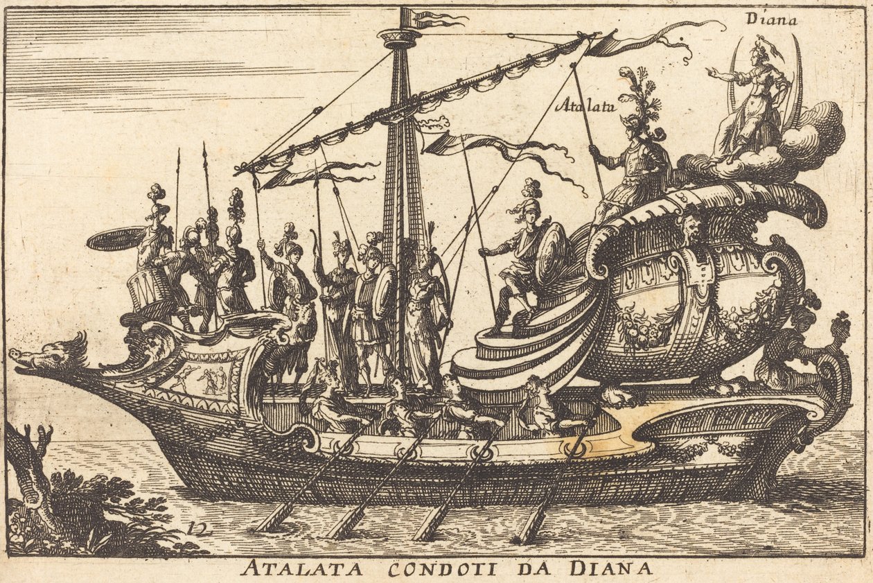 Atalata Geleid door Diana door Balthasar Moncornet after Remigio Cantagallina