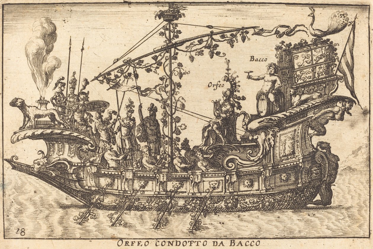 Orfeo geleid door Bacchus door Balthasar Moncornet after Remigio Cantagallina