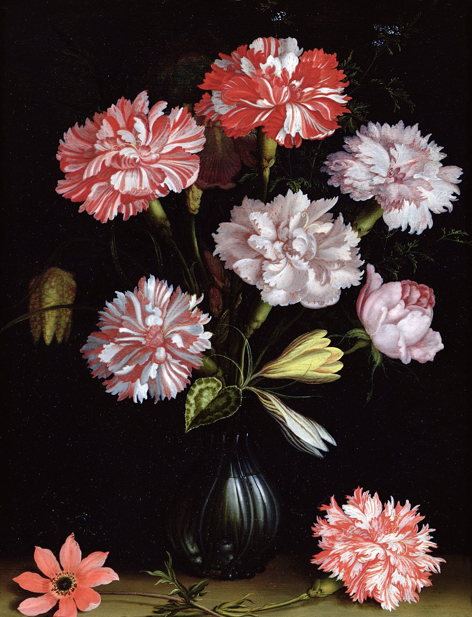 Bloemenstudie: Anjers in een vaas door Balthasar van der Ast