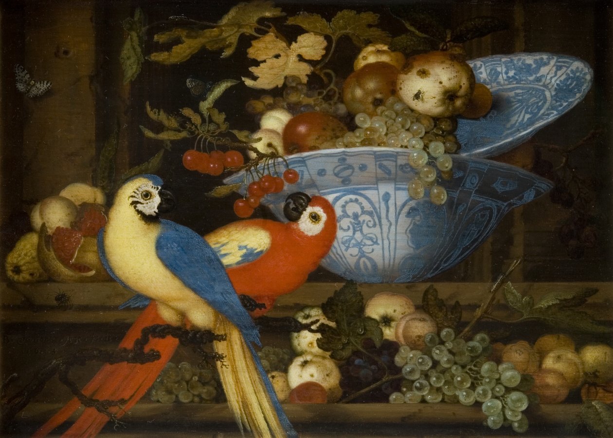 Fruitstilleven met twee papegaaien door Balthasar van der Ast