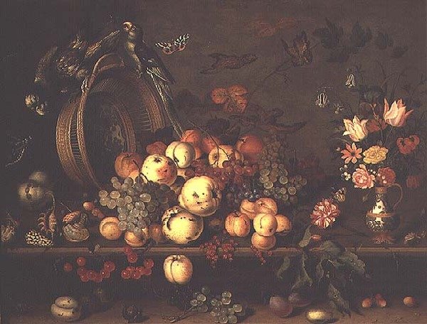 Stilleven met fruit, bloemen en papegaaien, vroege jaren 1620 door Balthasar van der Ast