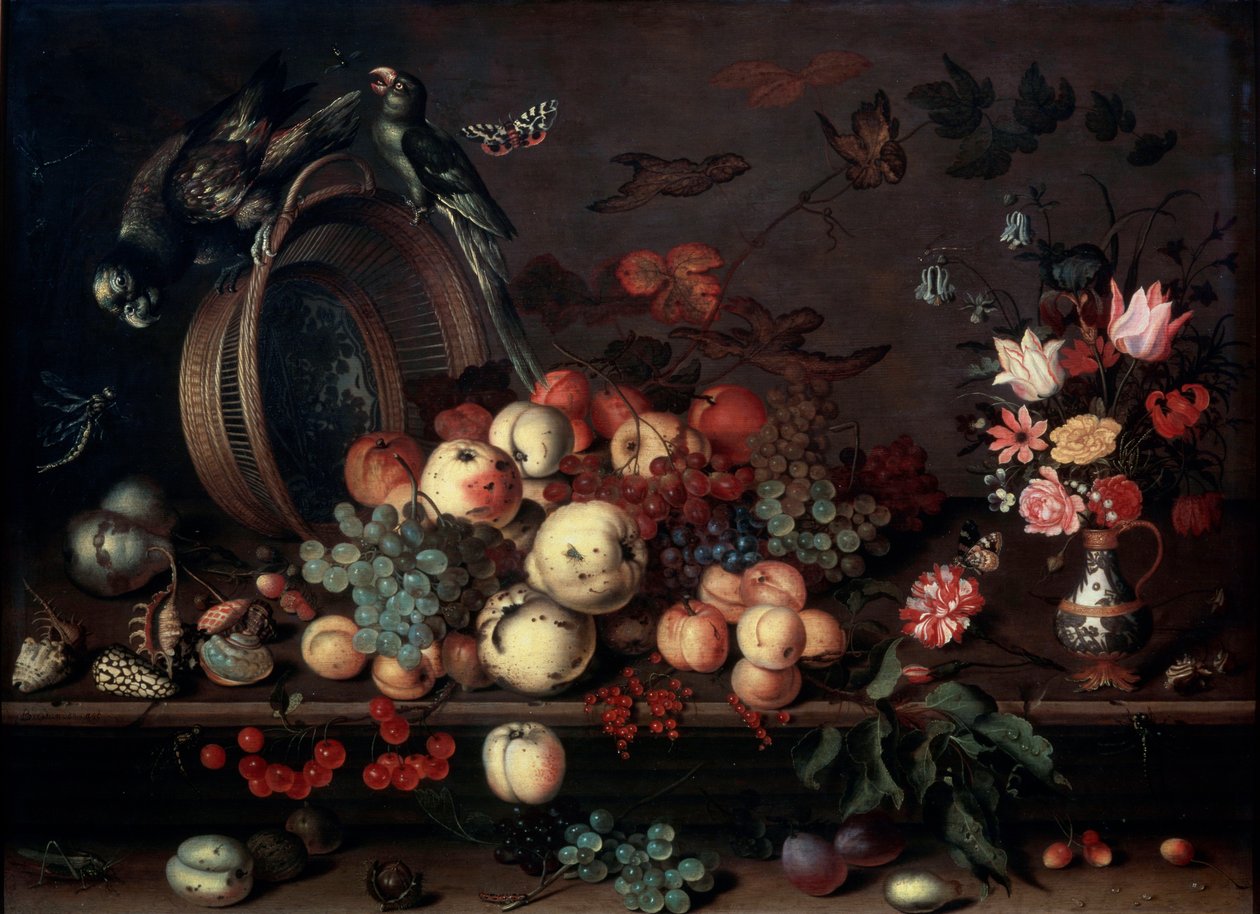 Stilleven met fruit, bloemen en papegaaien, 1620s door Balthasar van der Ast