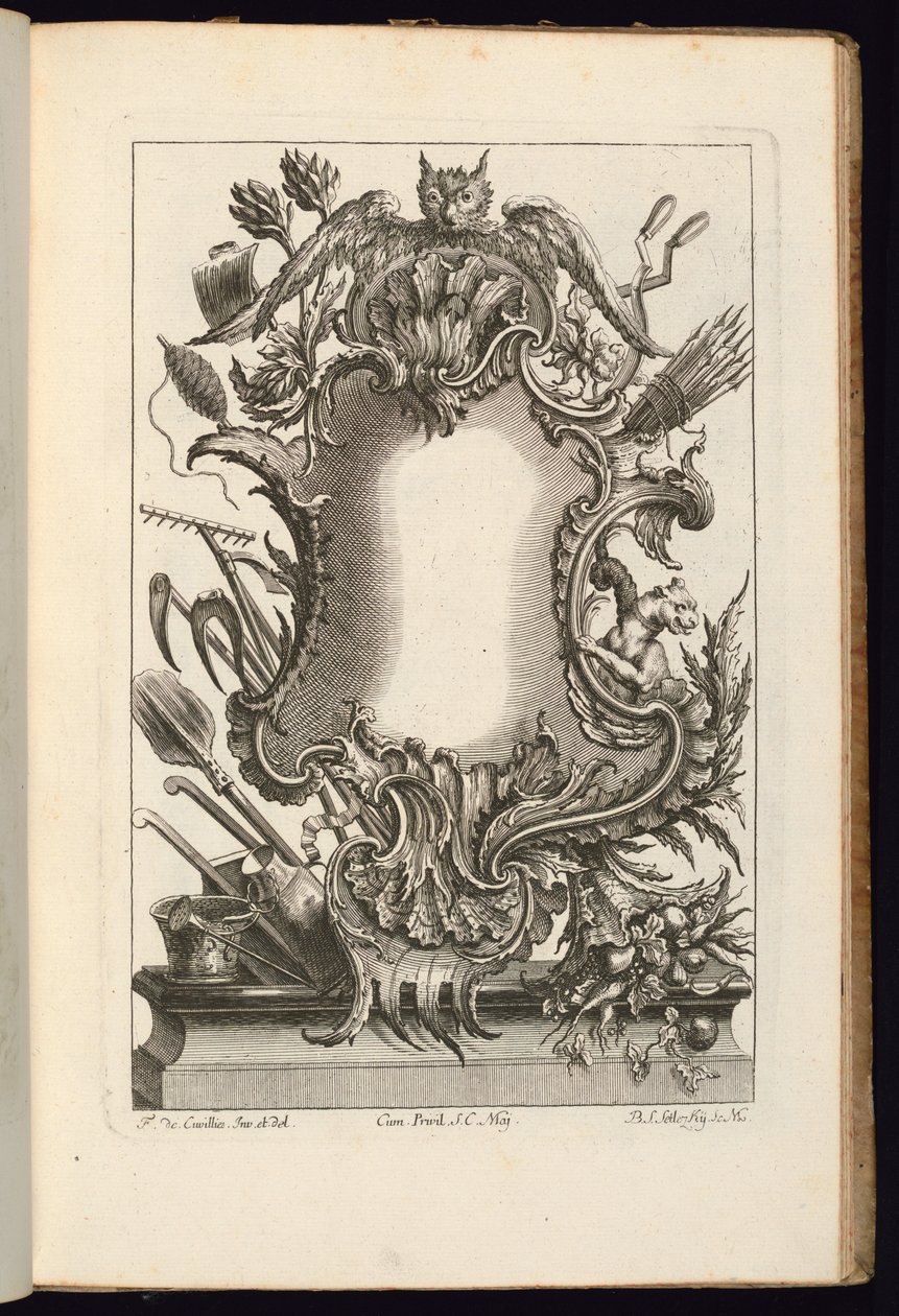 Cartouche met uil, boek van onregelmatige cartouches door Balthazar Sigismond Setlezky