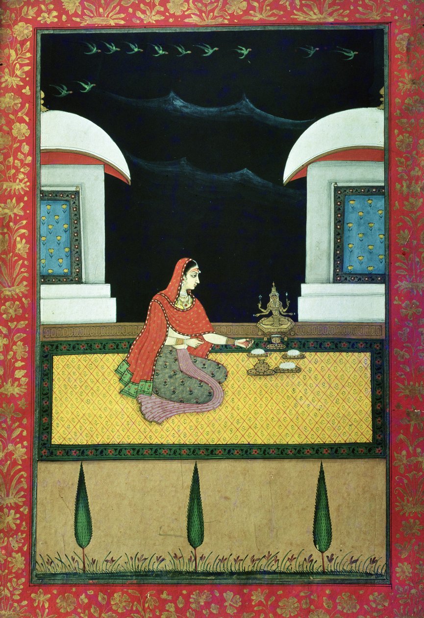 Vrouw zittend op een tapijt, 1750 door Bangazi Ragini