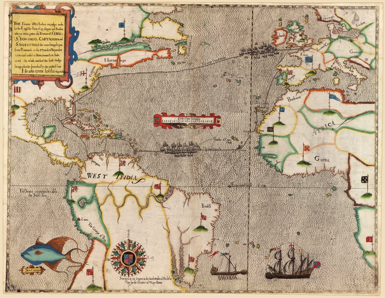 Route van Drakes reis over de Atlantische Oceaan, 1586 door Baptista Boazio