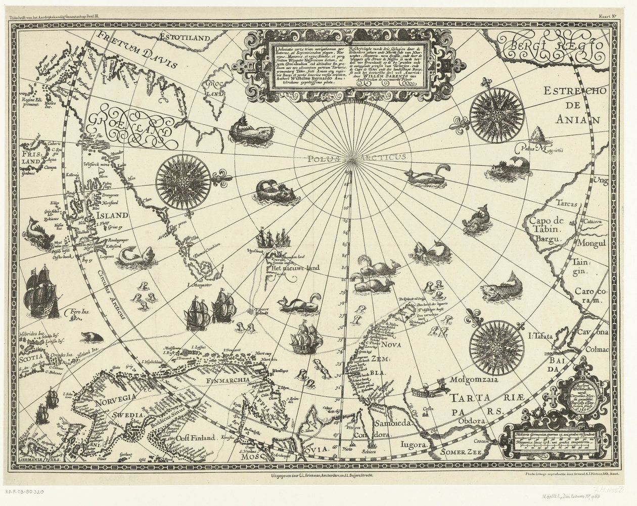 Kaart van de landen rond de Noordpoolcirkel met de drie reizen van de Nederlanders in 1598 door Baptista van (after) Doetechum
