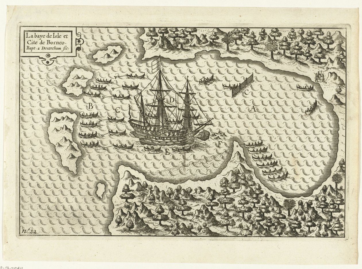 Aankomst op Borneo, 1600 La baye de Isle et Cite de Borneo (titel op voorwerp), RP-P-OB-75.411 door Baptista van Doetechum