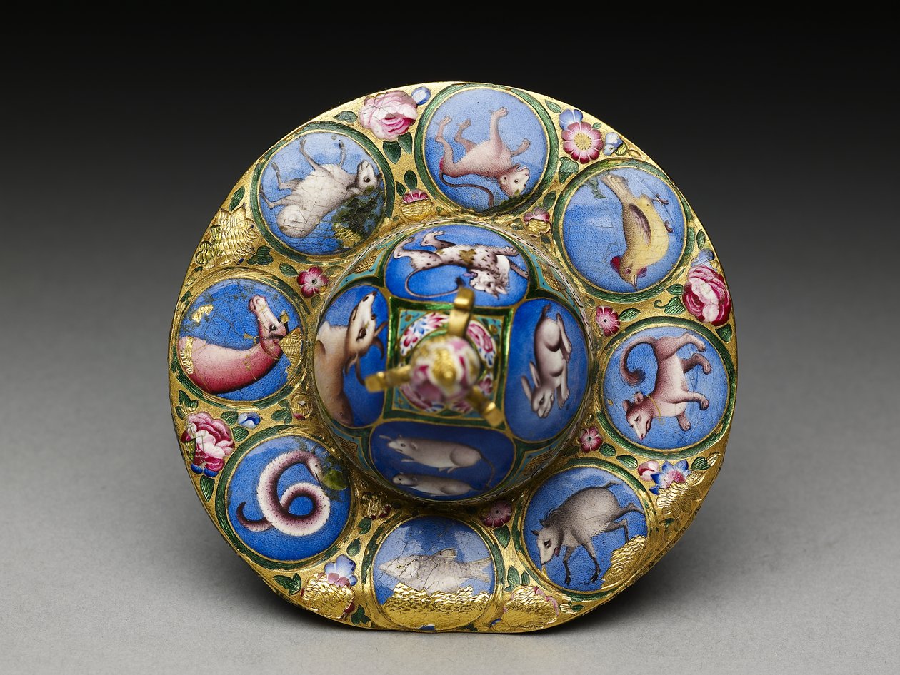 Kom met deksel, schotel en lepel met astrologische decoratie, begin 19e eeuw door Baqir