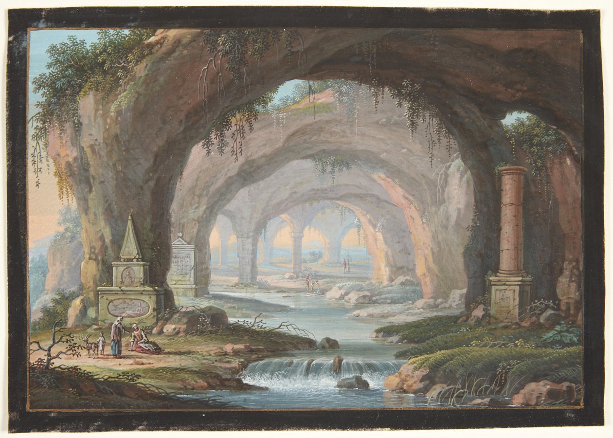 Landschap met Doorbroken Grotten, Grafmonumenten, een Rivier en Figuren door Barbara Dietzsch