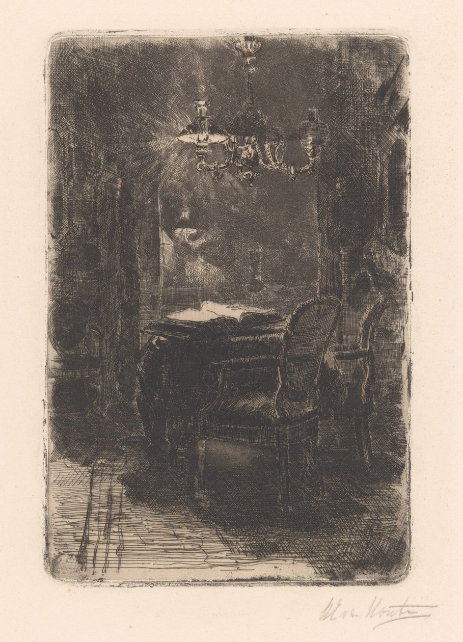 Interieur met spiegel en tafel met opengeslagen boek door Barbara Elisabeth van Houten (signed by artist)