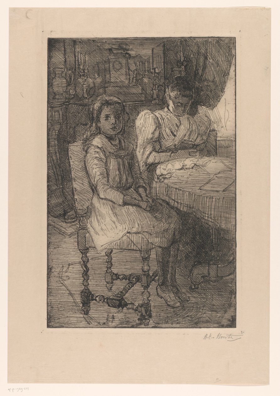 Twee vrouwen aan tafel door Barbara Elisabeth van Houten (signed by artist)