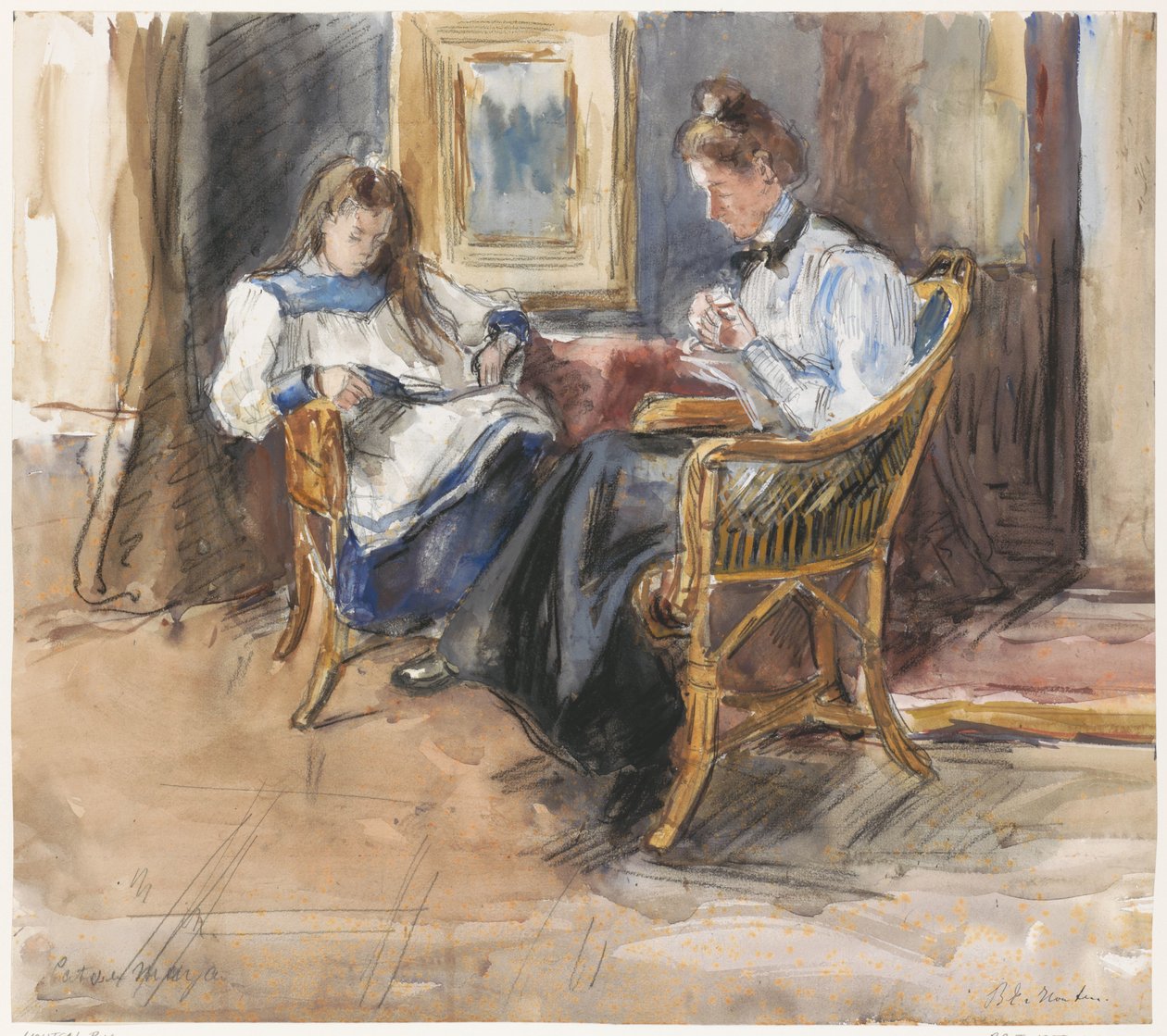 Handwerkende dame en lezend meisje in rieten stoelen gezeten, in het huis aan de Riouwstraat 6, te Den Haag door Barbara Elisabeth van Houten
