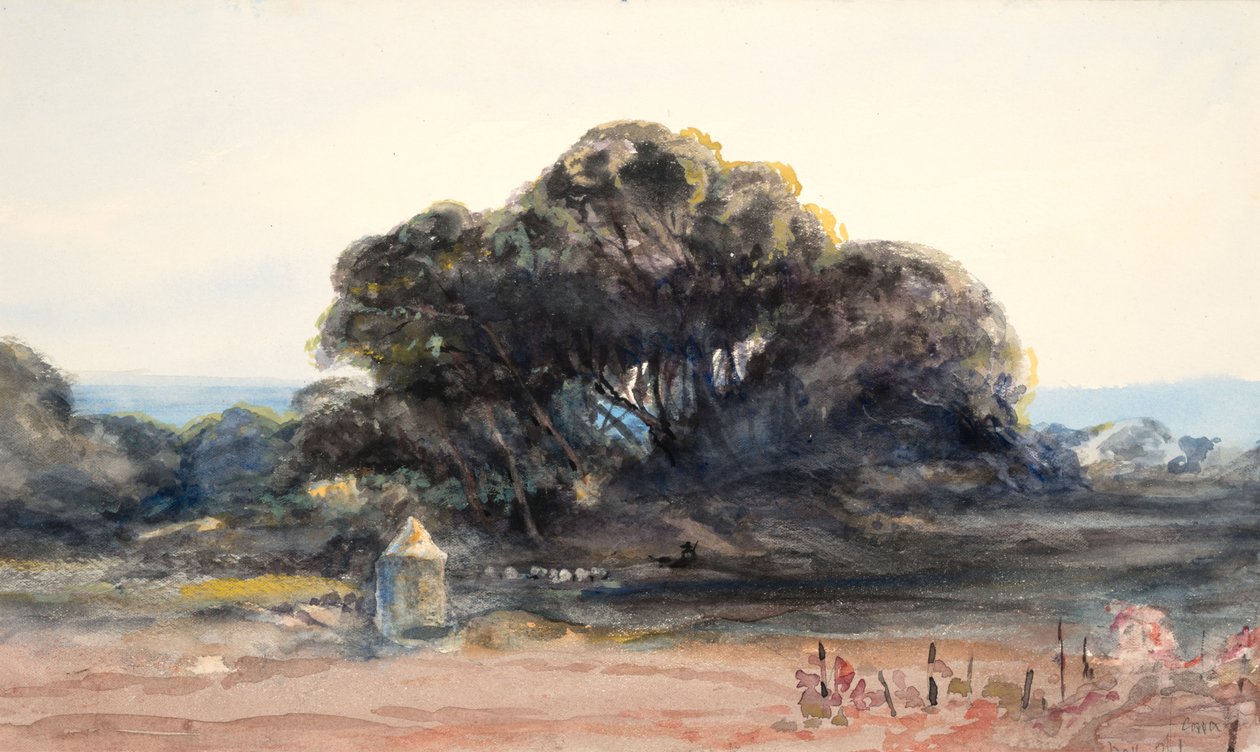 Landschap: dennenboom en kleine toren door Barbara Leigh Smith Bodichon