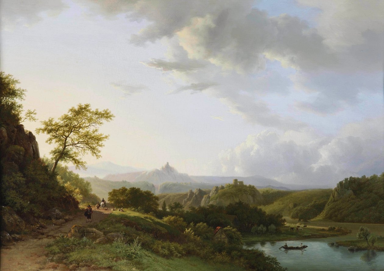 Een panoramisch zomerlandschap met reizigers en een kasteelruïne in de verte door Barend Cornelis Koekkoek