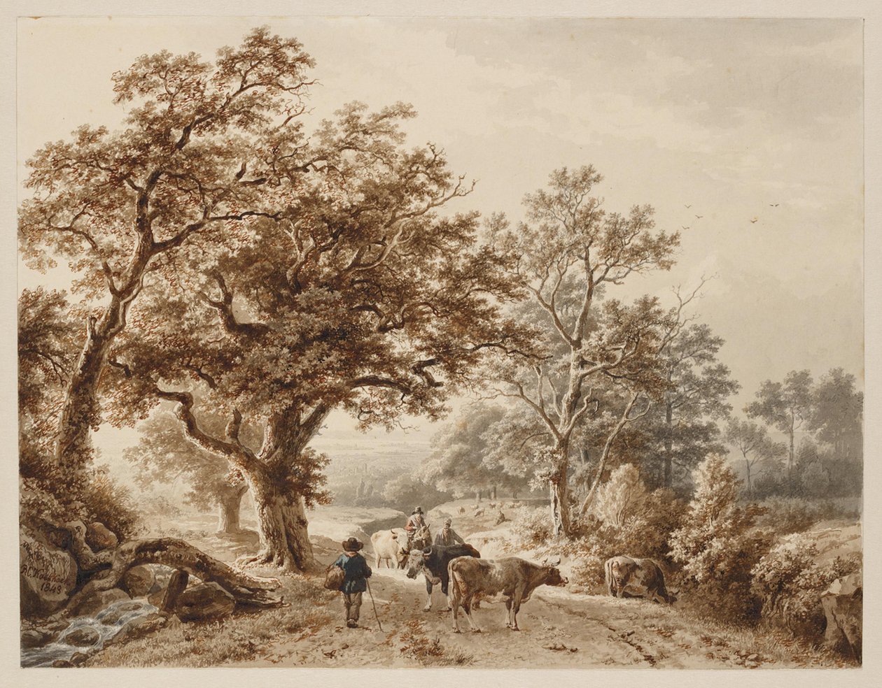 Een landschap met zwaar eikenhout gestoffeerd met vee en figuren door Barend Cornelis Koekkoek