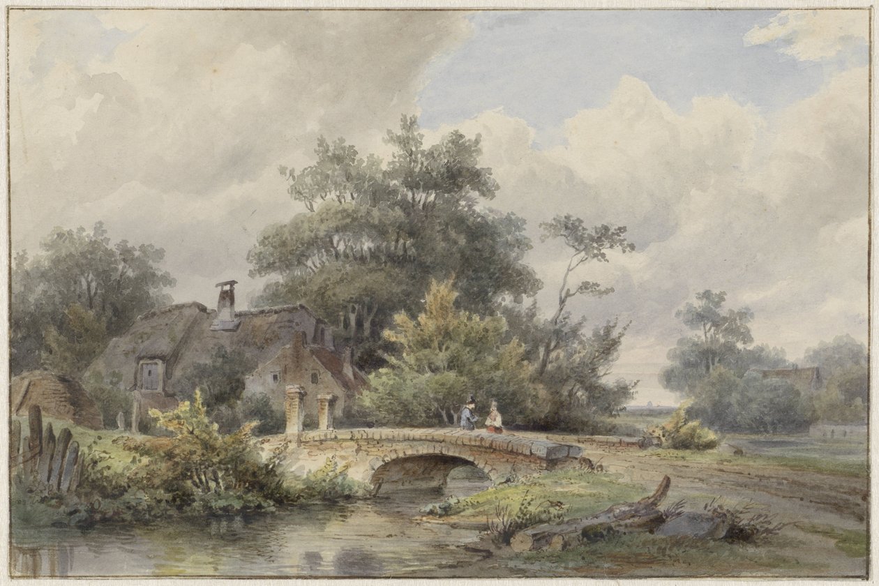 Landschap met stenen brug bij een huis door Barend Cornelis Koekkoek