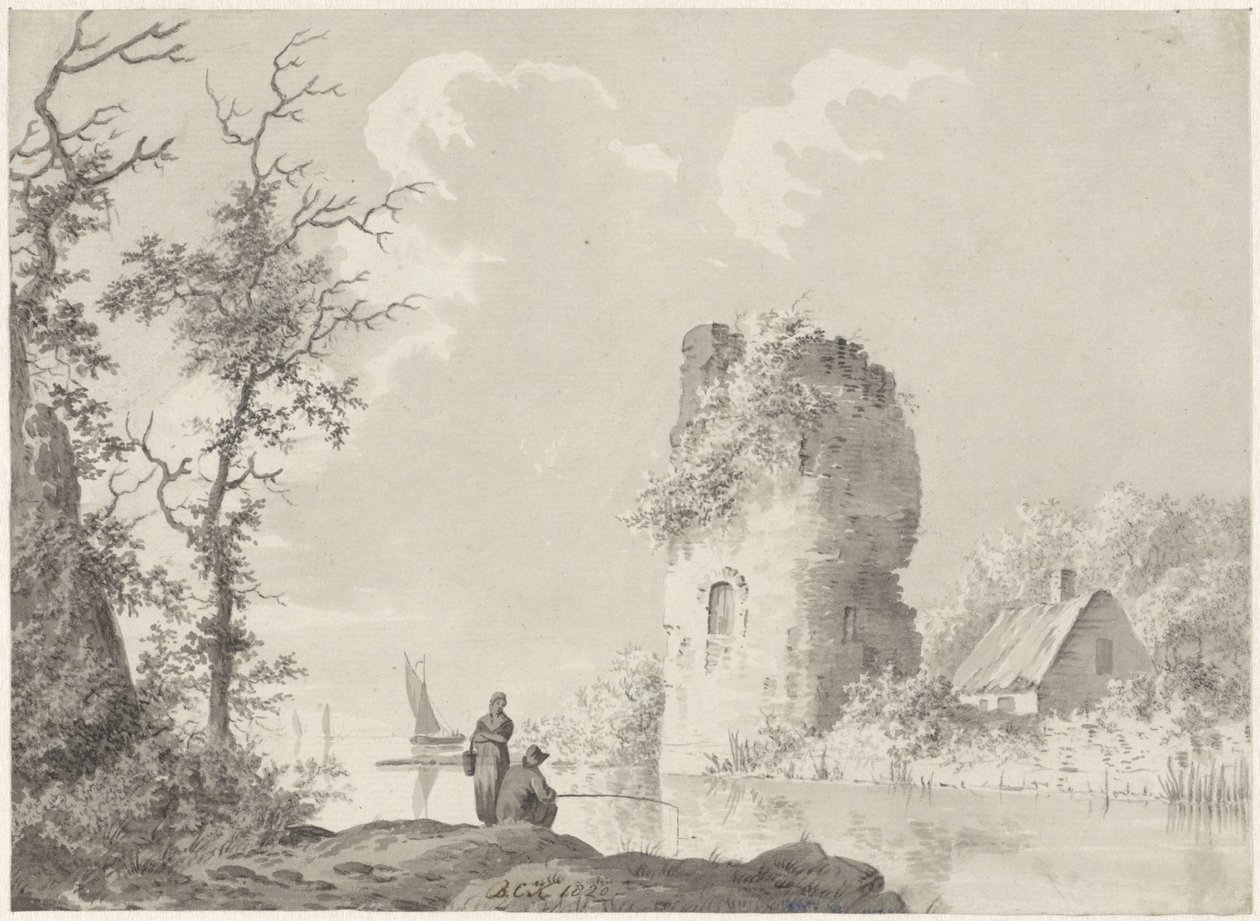 Rivierlandschap met toren en hengelaar door Barend Cornelis Koekkoek