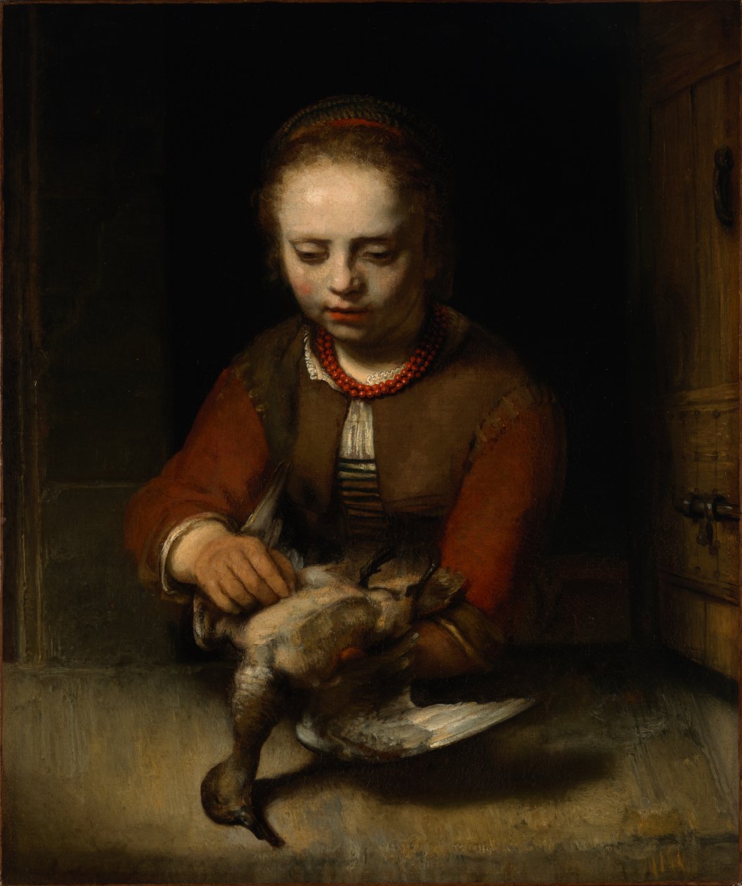 Jong meisje plukt een eend door Barent Fabritius