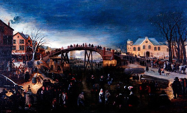 Een Winterlandschap met Figuren die Schaatsen en Spelen, c.1640-50 door Barent (follower of) Avercamp