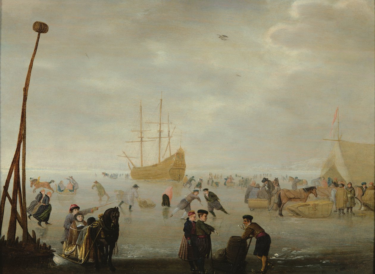 Landschap met Schaatsers en Sleeën door Barent Avercamp