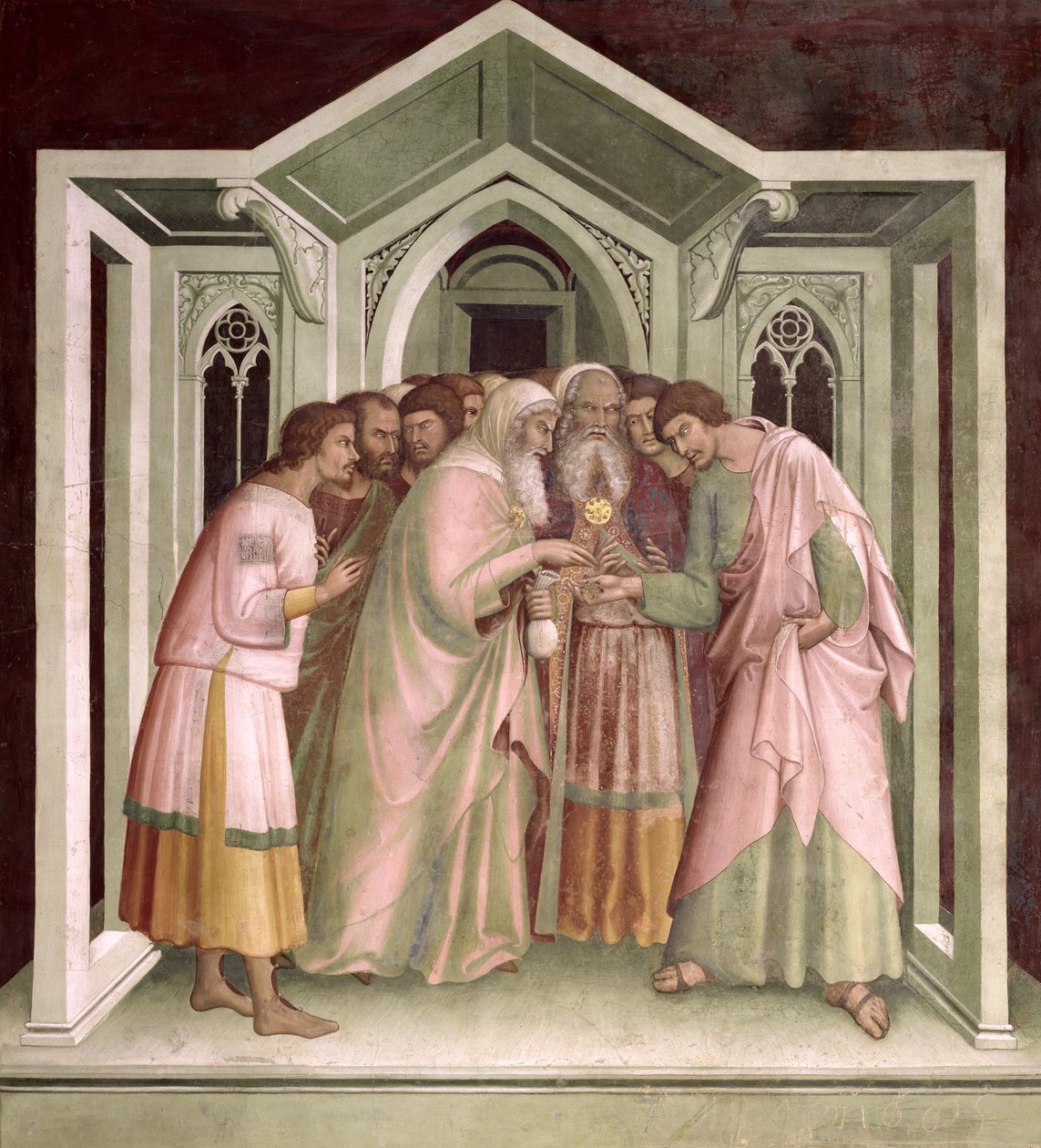 Judas ontvangt betaling voor zijn verraad, uit een serie van scènes uit het Nieuwe Testament door Barna da Siena