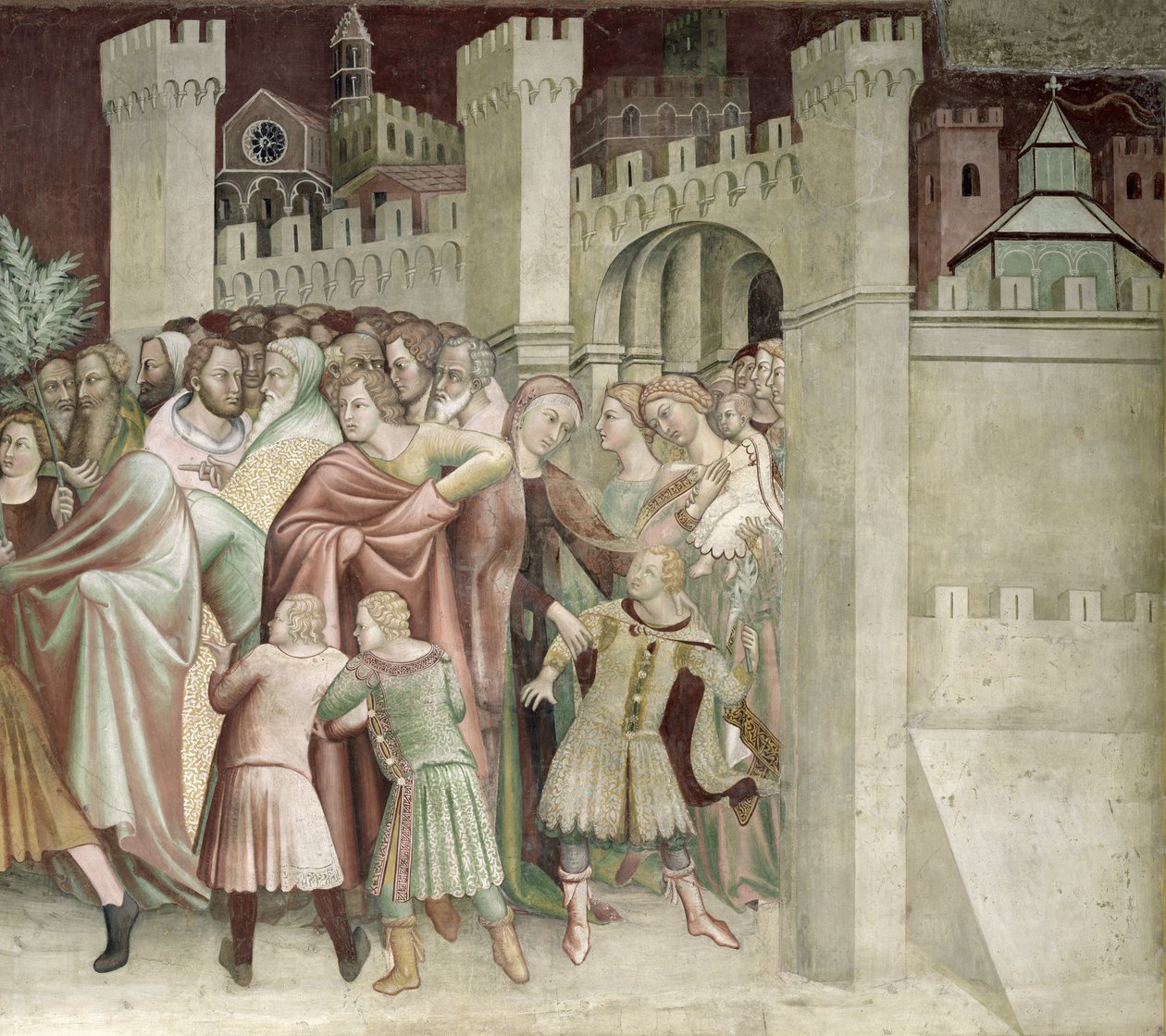 De menigte bij de ingang van Jeruzalem, uit een serie van scènes uit het Nieuwe Testament door Barna da Siena