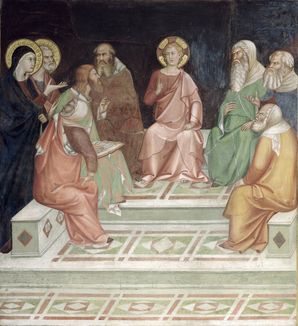 Jezus met de dokters, uit een serie van Scènes uit het Nieuwe Testament door Barna da Siena