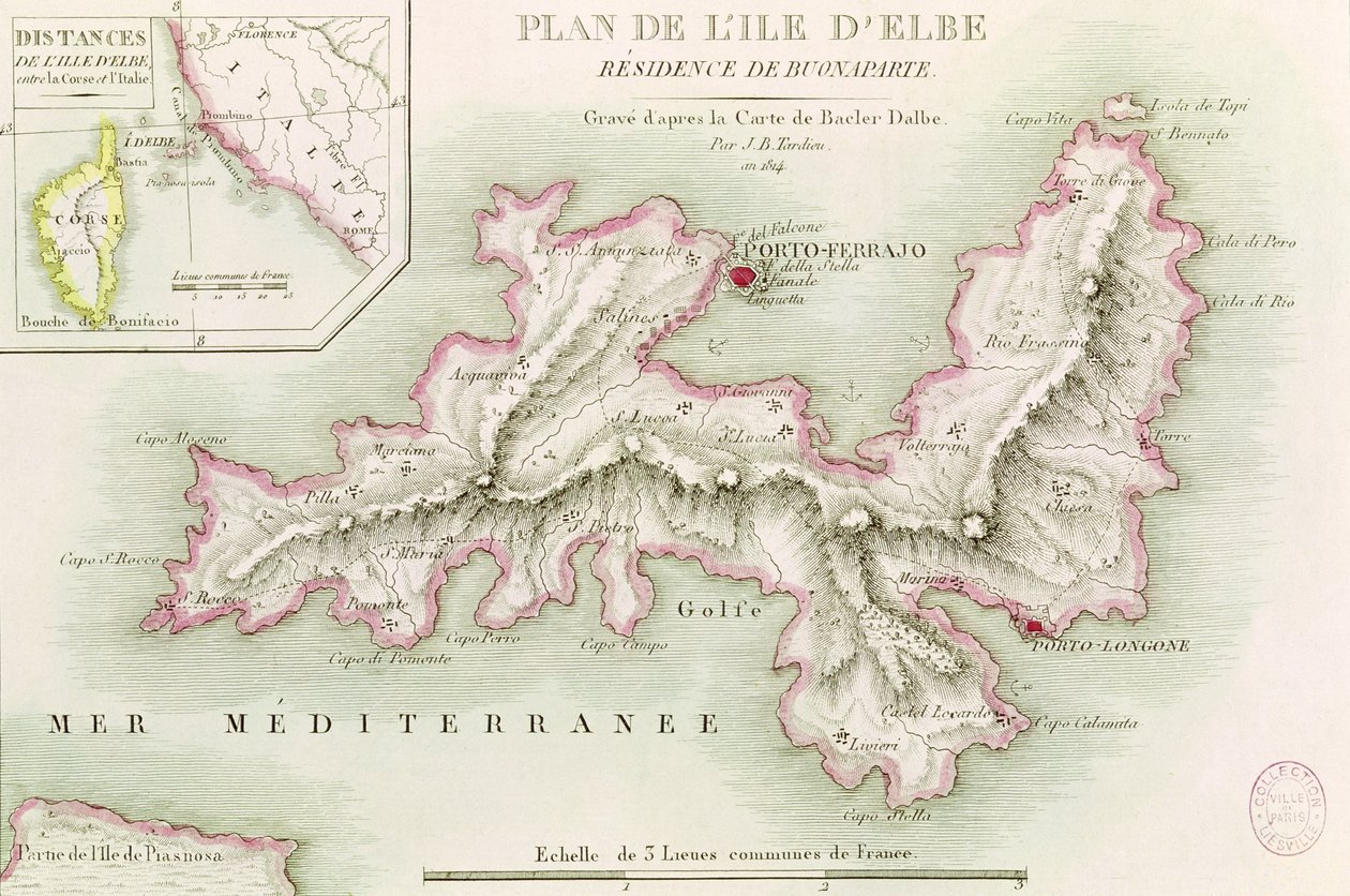 Kaart van het eiland Elba, gegraveerd door Jean-Baptiste Tardieu (1768-1837) 1814 door Baron Louis Albert Bacler d