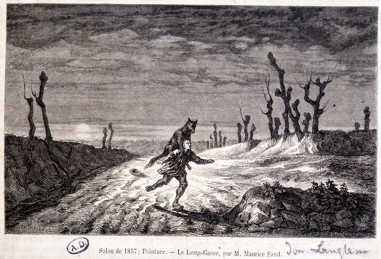 Weerwolf (weerwolf) die een man aanvalt - naar schilderij door Maurice Sand tentoongesteld op de Salon van 1857 door Baron Dudevant Jean Francois Maurice (after) Sand
