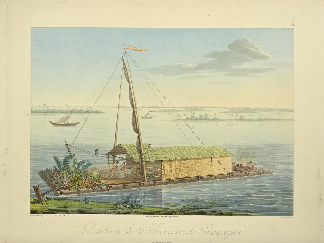 Vlot op de rivier Guayaquil, getekend door Marchais, gegraveerd door Bouquet, illustratie uit "Vues des Cordillères et Monumens des Peuples Indigènes de l