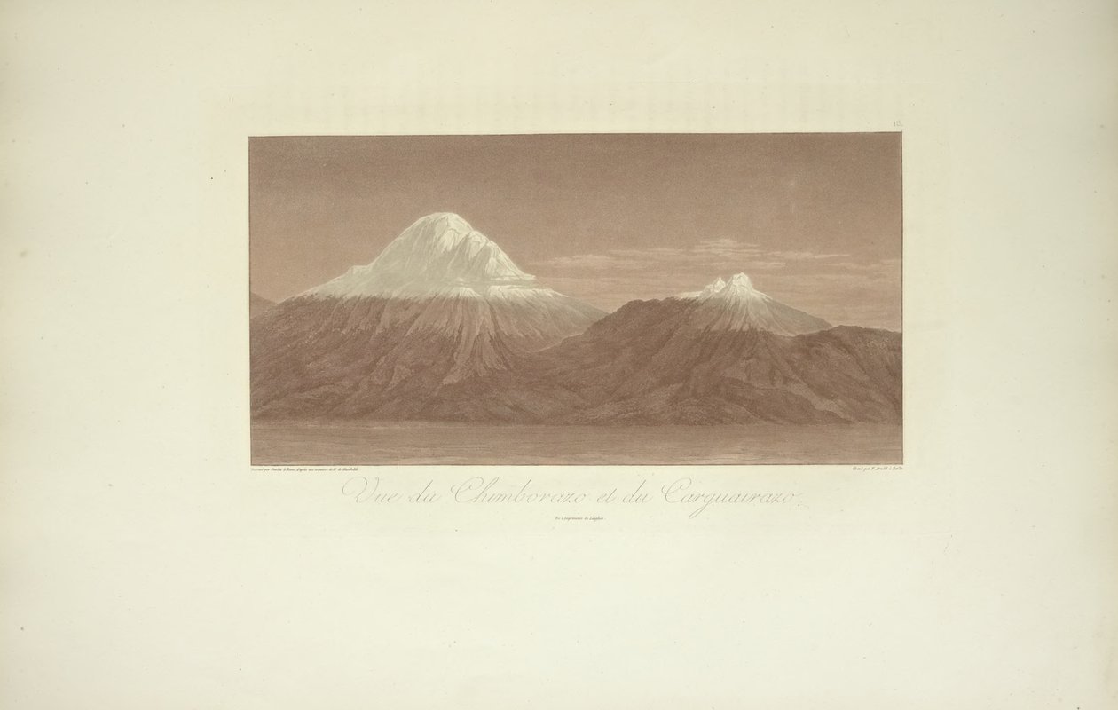 Uitzicht op Chimborazo en Carguairazo, getekend door Gmelin, gegraveerd door Arnold, illustratie uit "Vues des Cordillères et Monumens des Peuples Indigènes de l