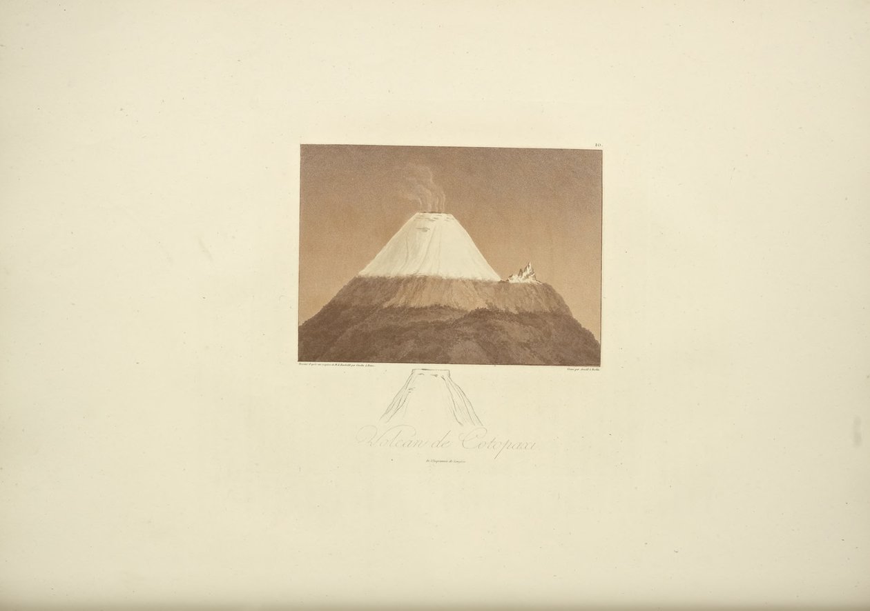 Vulkaan van Cotopaxi, getekend door Gmelin, gegraveerd door Arnold, illustratie uit "Vues des Cordillères et Monumens des Peuples Indigènes de l